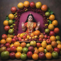 A pooja vatti overflowing with an array of vibrant fruits, enhanced by the editing styles of Photoshop, Pixellab, and Lightroom.