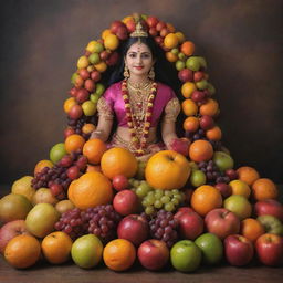 A pooja vatti overflowing with an array of vibrant fruits, enhanced by the editing styles of Photoshop, Pixellab, and Lightroom.