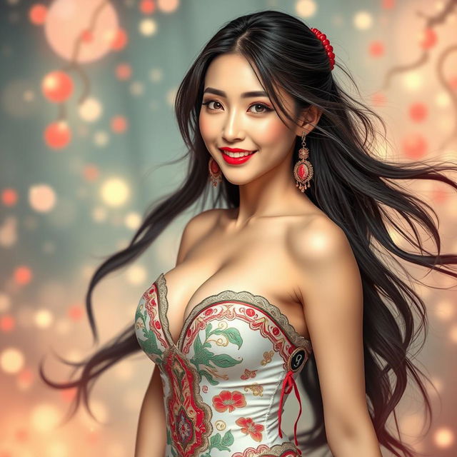 a stunning Asian woman, styled as a sexy waifu, wearing a form-fitting, revealing dress that accentuates her curves, featuring intricate patterns and vibrant colors, with long flowing hair and an alluring smile, set against a dreamy, whimsical background with soft lighting