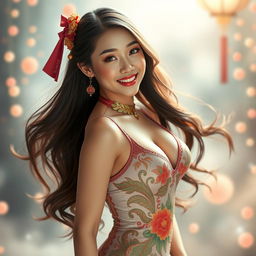 a stunning Asian woman, styled as a sexy waifu, wearing a form-fitting, revealing dress that accentuates her curves, featuring intricate patterns and vibrant colors, with long flowing hair and an alluring smile, set against a dreamy, whimsical background with soft lighting