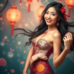 a stunning Asian woman, styled as a sexy waifu, wearing a form-fitting, revealing dress that accentuates her curves, featuring intricate patterns and vibrant colors, with long flowing hair and an alluring smile, set against a dreamy, whimsical background with soft lighting