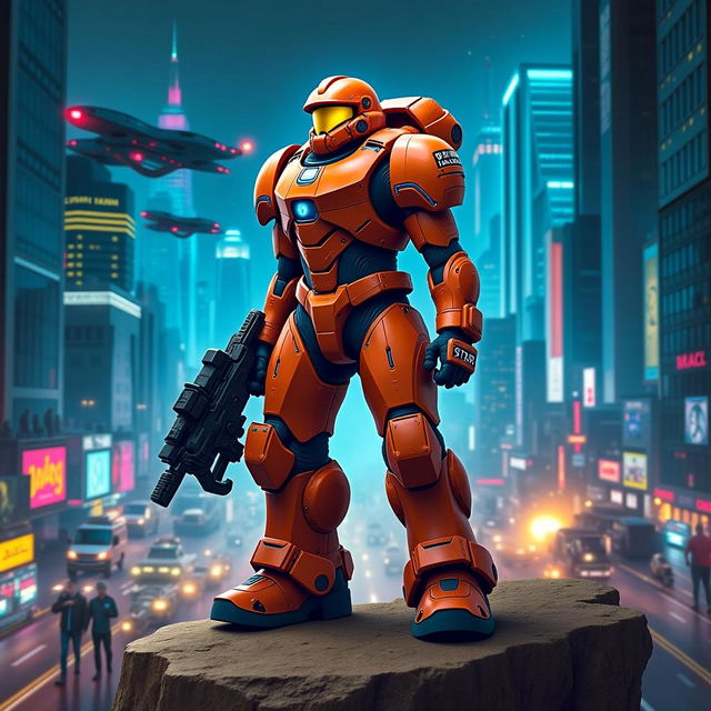 A futuristic space marine standing confidently in a neon-lit cityscape