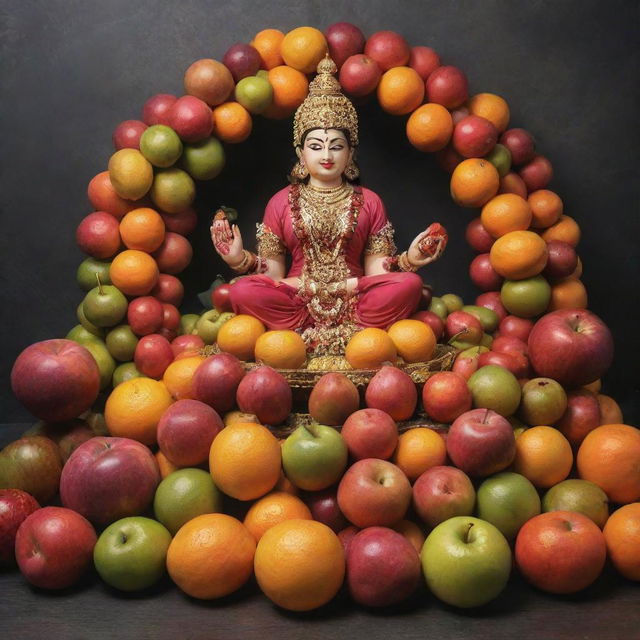 A pooja vatti overflowing with an array of vibrant fruits, enhanced by the editing styles of Photoshop, Pixellab, and Lightroom.