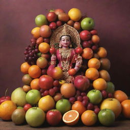 A pooja vatti overflowing with an array of vibrant fruits, enhanced by the editing styles of Photoshop, Pixellab, and Lightroom.