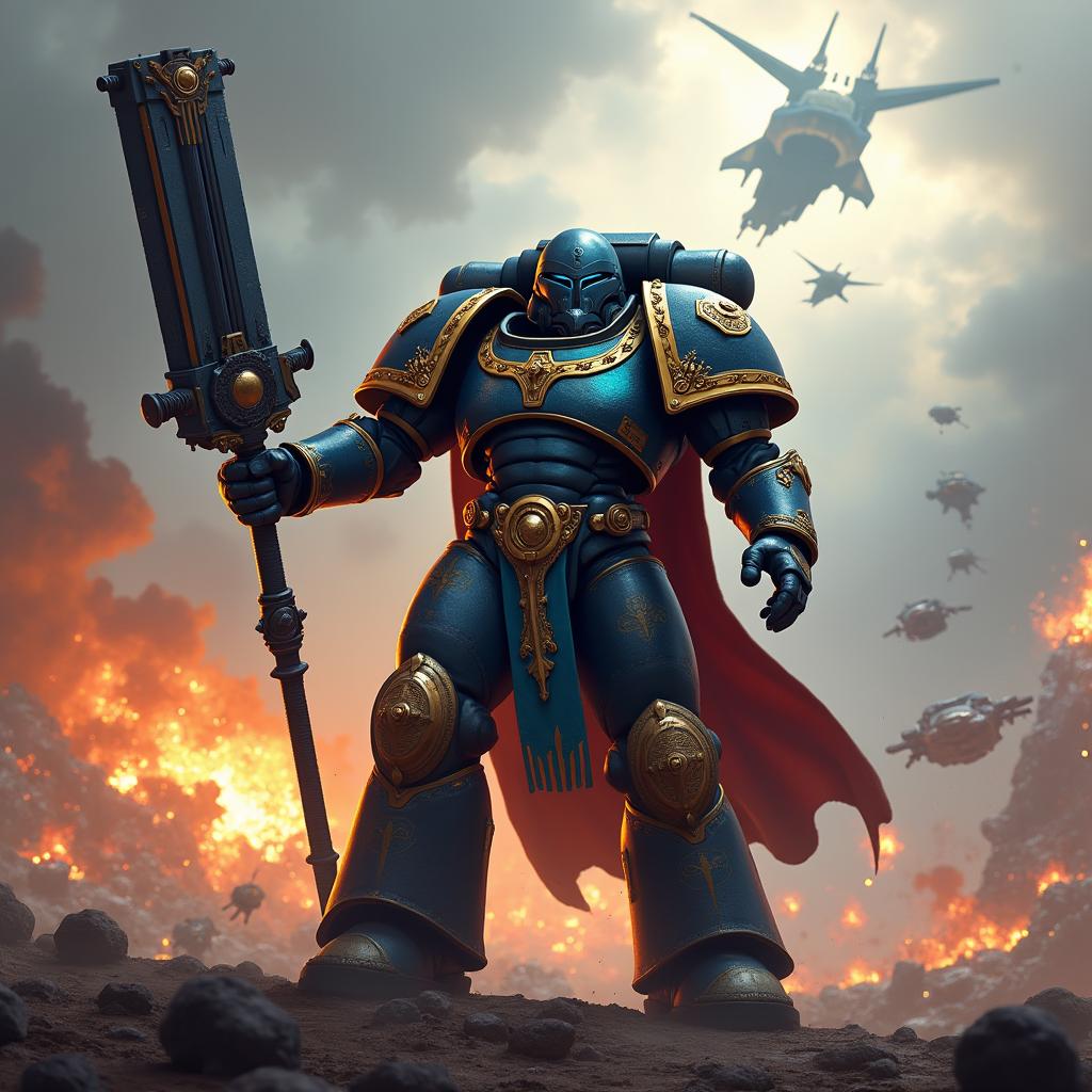 A powerful space marine standing heroically in a futuristic battlefield