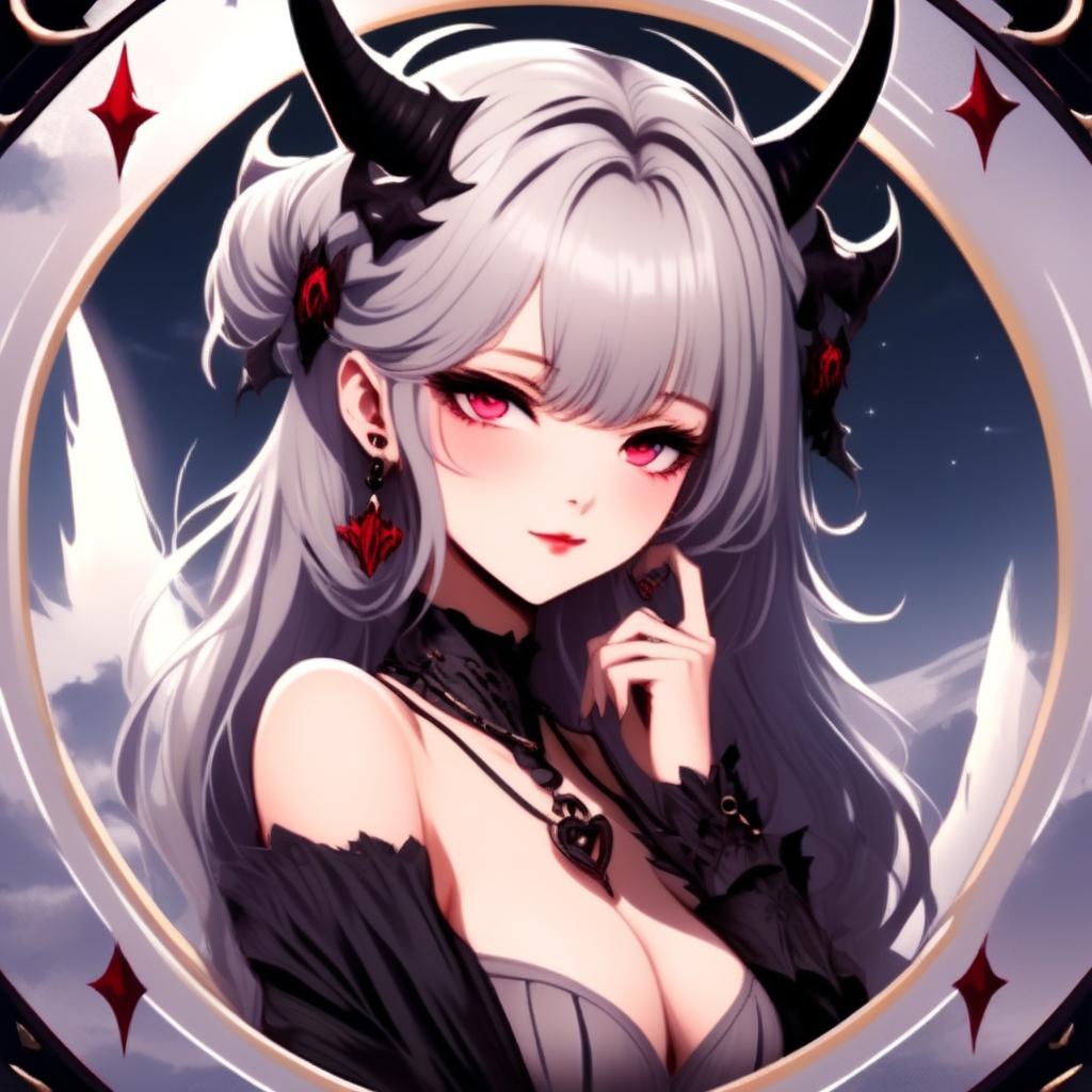 Anime profile picture of a beautiful woman with devilish horns and gothic attire, encased within a cool circle border, set against a moody, moonlit landscape.