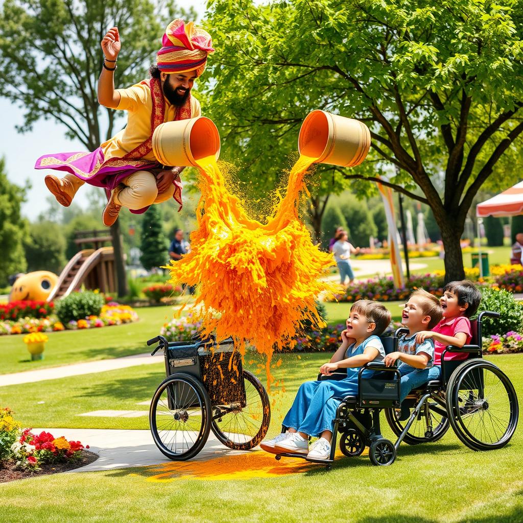 A bright and imaginative scene in a cheerful park where an Indian man wearing a colorful turban is flying on a magical carpet