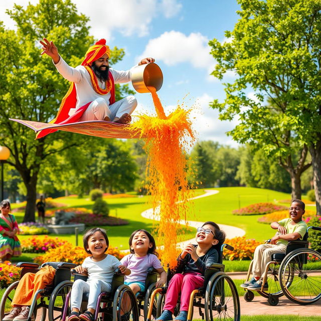 A bright and imaginative scene in a cheerful park where an Indian man wearing a colorful turban is flying on a magical carpet