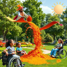 A bright and imaginative scene in a cheerful park where an Indian man wearing a colorful turban is flying on a magical carpet