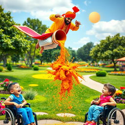 A bright and imaginative scene in a cheerful park where an Indian man wearing a colorful turban is flying on a magical carpet