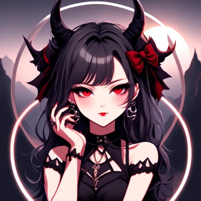 Anime profile picture of a beautiful woman with devilish horns and gothic attire, encased within a cool circle border, set against a moody, moonlit landscape.