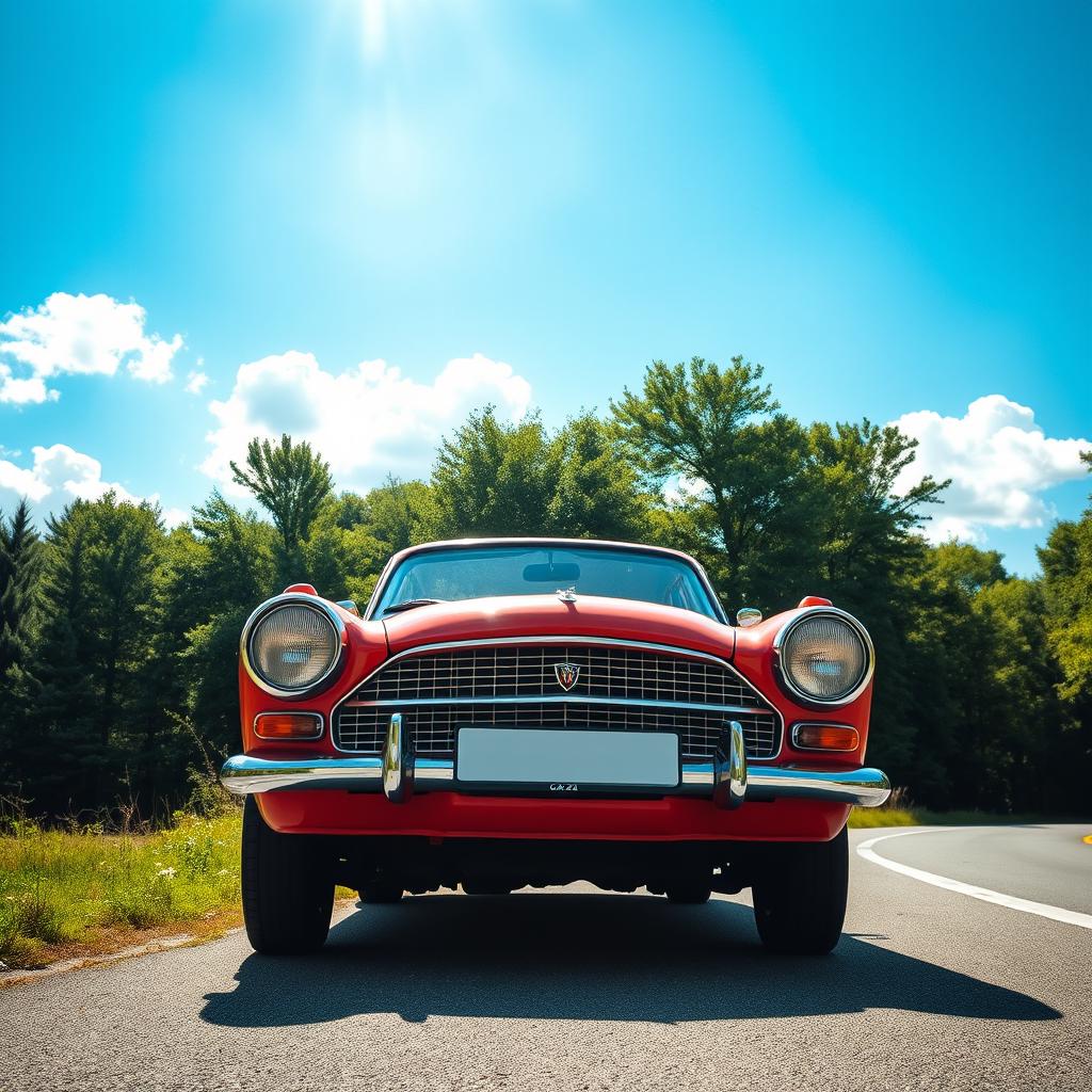 A classic GAZ-24 car parked on a scenic road surrounded by lush green trees and a clear blue sky