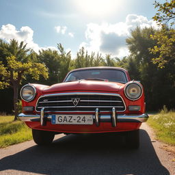 A classic GAZ-24 car parked on a scenic road surrounded by lush green trees and a clear blue sky