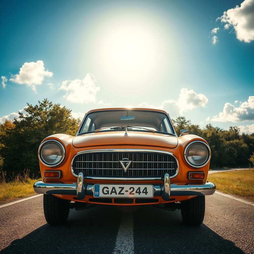 A classic GAZ-24 car parked on a scenic road surrounded by lush green trees and a clear blue sky