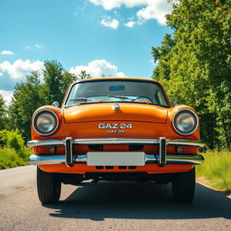 A classic GAZ-24 car parked on a scenic road surrounded by lush green trees and a clear blue sky