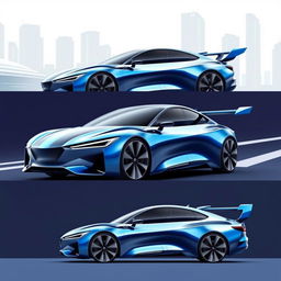 A series of fluidic design concepts for a modern car sedan, featuring a prominent wing spoiler that enhances aerodynamics