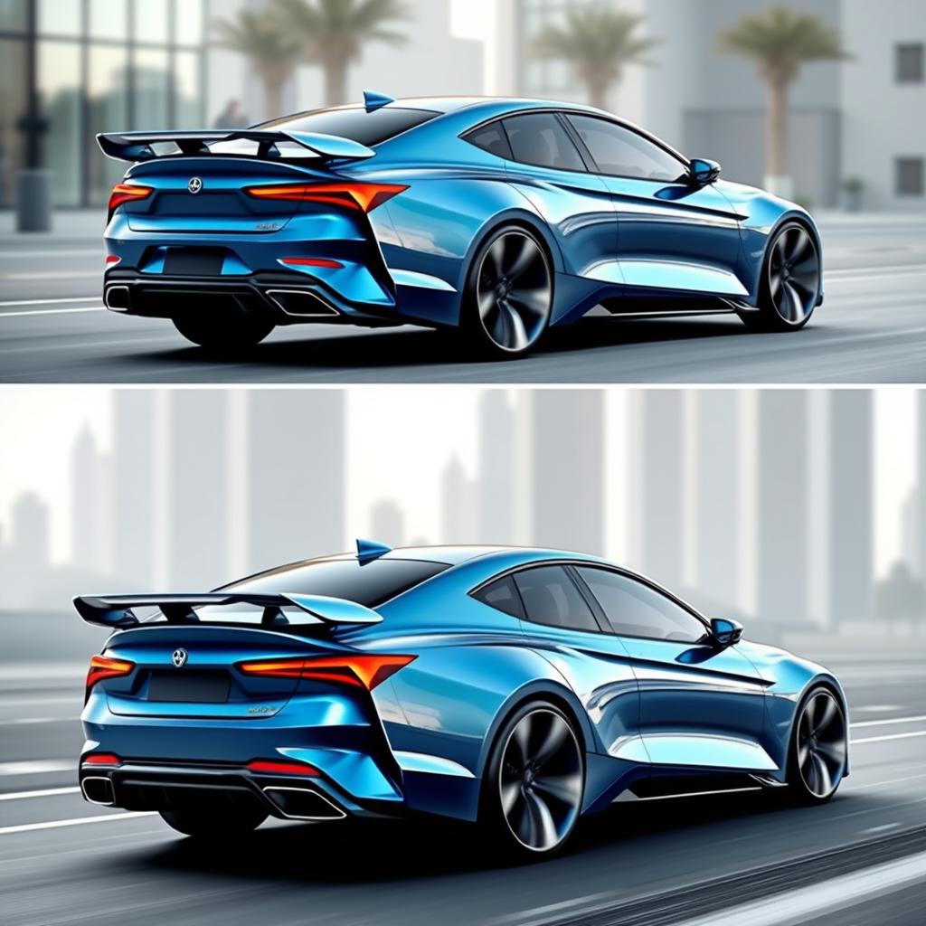 A series of fluidic design concepts for a modern car sedan, featuring a prominent wing spoiler that enhances aerodynamics