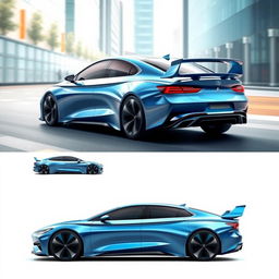 A series of fluidic design concepts for a modern car sedan, featuring a prominent wing spoiler that enhances aerodynamics