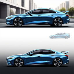 A series of fluidic design concepts for a modern car sedan, featuring a prominent wing spoiler that enhances aerodynamics