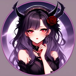 Anime profile picture of a beautiful woman with devilish horns and gothic attire, encased within a cool circle border, set against a moody, moonlit landscape.