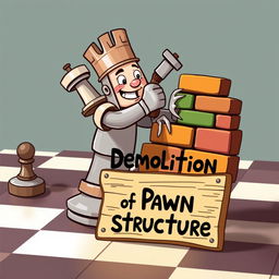 A playful and imaginative scene set on a classic chessboard, featuring a humanized rook chess piece with a fun, friendly design, actively demolishing a colorful brick wall