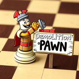 A playful and imaginative scene set on a classic chessboard, featuring a humanized rook chess piece with a fun, friendly design, actively demolishing a colorful brick wall