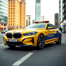 A modern concept car styled as a Soviet police car, featuring a striking bright yellow body with a bold blue stripe running along the side