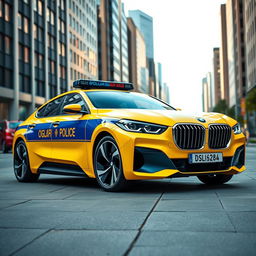 A modern concept car styled as a Soviet police car, featuring a striking bright yellow body with a bold blue stripe running along the side