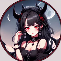 Anime profile picture of a beautiful woman with devilish horns and gothic attire, encased within a cool circle border, set against a moody, moonlit landscape.