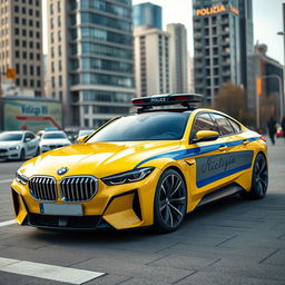 A modern concept car styled as a Soviet police car, featuring a striking bright yellow body with a bold blue stripe running along the side