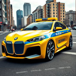 A modern concept car styled as a Soviet police car, featuring a striking bright yellow body with a bold blue stripe running along the side