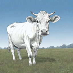 A line art illustration of a peaceful cow grazing in a meadow with a lush green ground and clear blue sky. The cow remains uncolored, ready for a coloring book.