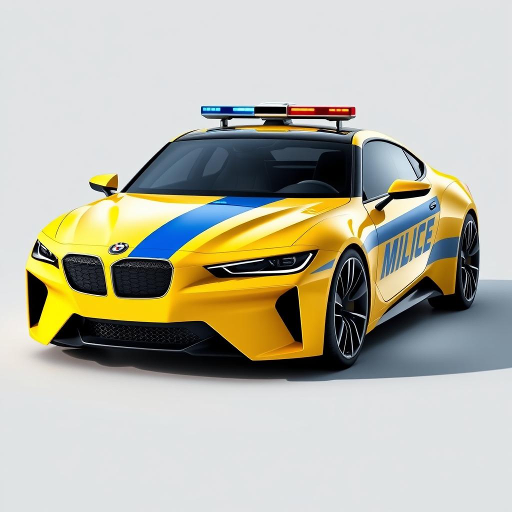 A modern concept car inspired by a Soviet-era police vehicle, featuring a vibrant Soviet yellow color with a striking blue stripe and the word 'Milice' written prominently on the side