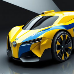 A modern concept car inspired by a Soviet-era police vehicle, featuring a vibrant Soviet yellow color with a striking blue stripe and the word 'Milice' written prominently on the side