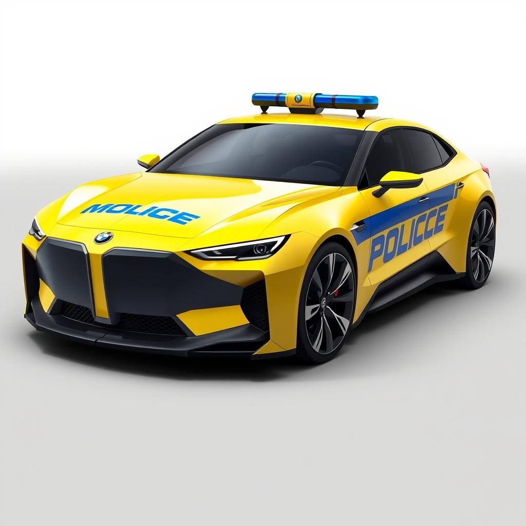 A modern concept car inspired by a Soviet-era police vehicle, featuring a vibrant Soviet yellow color with a striking blue stripe and the word 'Milice' written prominently on the side