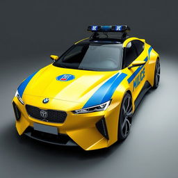 A modern concept car inspired by a Soviet-era police vehicle, featuring a vibrant Soviet yellow color with a striking blue stripe and the word 'Milice' written prominently on the side