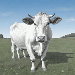 A line art illustration of a peaceful cow grazing in a meadow with a lush green ground and clear blue sky. The cow remains uncolored, ready for a coloring book.