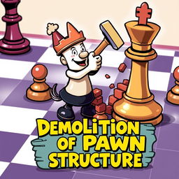 A colorful and imaginative scene set on a classic chessboard, featuring a humanized bishop chess piece with a playful and friendly design, actively demolishing a brick wall