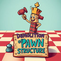 A colorful and imaginative scene set on a classic chessboard, featuring a humanized bishop chess piece with a playful and friendly design, actively demolishing a brick wall