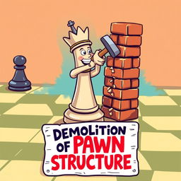 A colorful and imaginative scene set on a classic chessboard, featuring a humanized bishop chess piece with a playful and friendly design, actively demolishing a brick wall