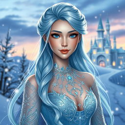 A stunning portrait of a character named Elsa Juan, who has long, flowing icy blue hair styled elegantly