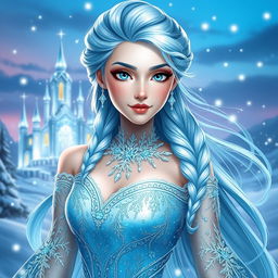 A stunning portrait of a character named Elsa Juan, who has long, flowing icy blue hair styled elegantly