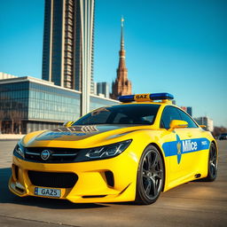 A futuristic concept car designed with the distinct features of a Soviet yellow police car, prominently displaying a blue stripe and the script 'Milice' on the side