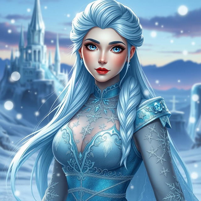 A stunning portrait of a character named Elsa Juan, who has long, flowing icy blue hair styled elegantly