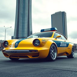 A futuristic concept car designed with the distinct features of a Soviet yellow police car, prominently displaying a blue stripe and the script 'Milice' on the side