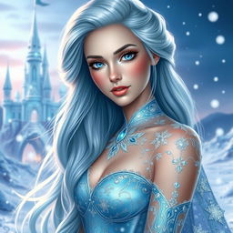 A stunning portrait of a character named Elsa Juan, who has long, flowing icy blue hair styled elegantly