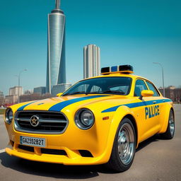 A futuristic concept car designed with the distinct features of a Soviet yellow police car, prominently displaying a blue stripe and the script 'Milice' on the side