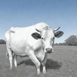 A line art illustration of a peaceful cow grazing in a meadow with a lush green ground and clear blue sky. The cow remains uncolored, ready for a coloring book.