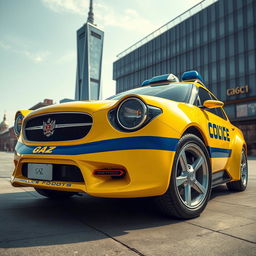 A futuristic concept car designed with the distinct features of a Soviet yellow police car, prominently displaying a blue stripe and the script 'Milice' on the side