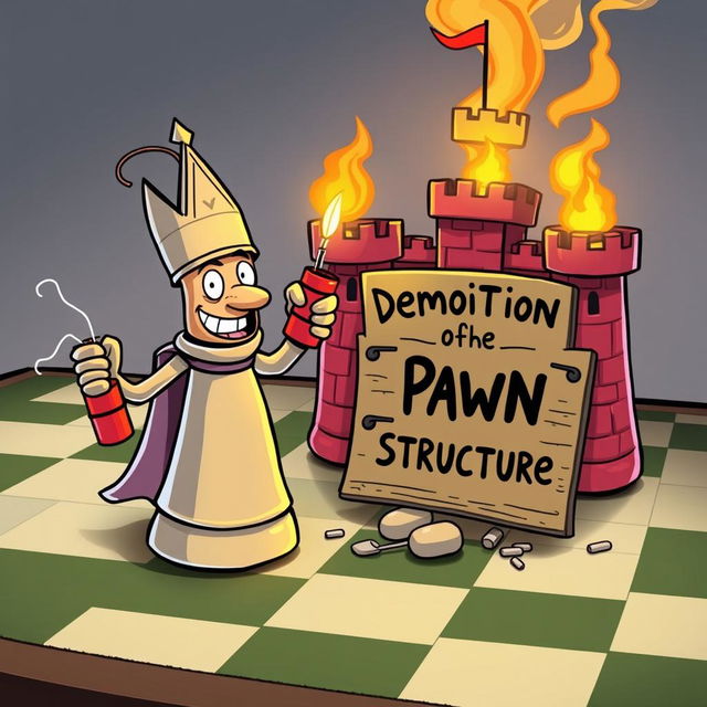 A whimsical and colorful scene set on a classic chessboard, featuring a humanized bishop chess piece with a cheeky expression, actively demolishing a cartoon-style castle using sticks of dynamite